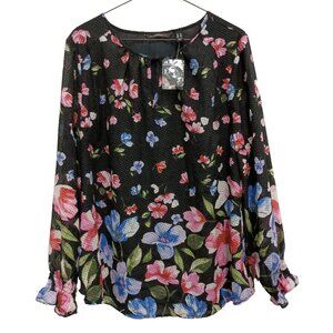 Isaac Mizrahi Live Womens Blouse Top Size 14 Black Floral Long Sleeve Whimsygoth
